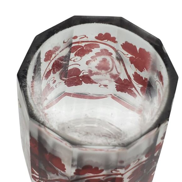 Antique Glass Panel Apothecary Jar Ruby Red Flash Grape Vine Leaf Clear Dome Lid - Picture 13 of 14